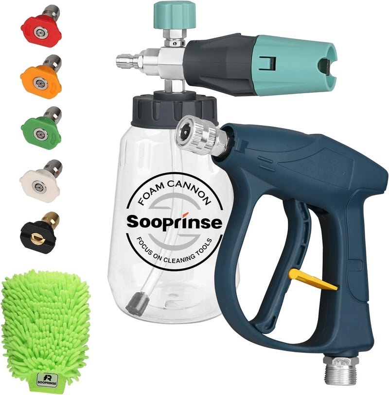 Sooprinse Short Pressure Washer Gun with Foam Cannon, High Pressure Washer Gun Snow Foam Lance with 1/4 Inch Quick Connector, 5 Nozzle Tips with Car Wash Mitt, 3000 PSI, 1 Liter - Image 1